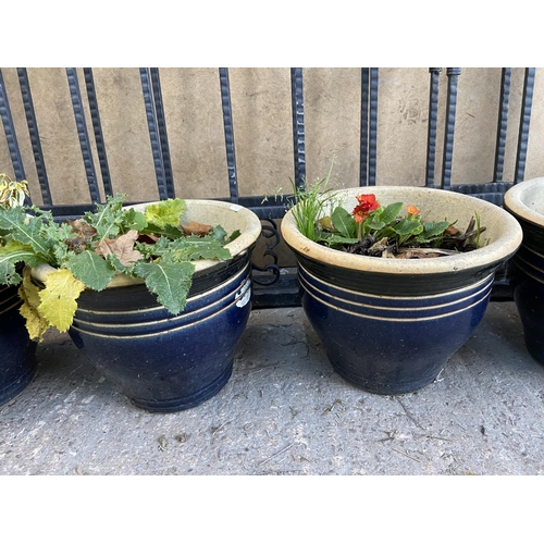 82 - Six garden planters, one Chinese hand painted porcelain and five blue glazed