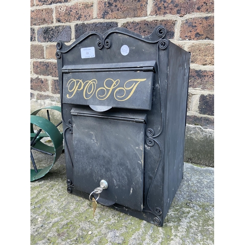 83 - Two items, one black painted metal wall mountable post box - approx. 41cm high x 28cm wide x 22cm de... 