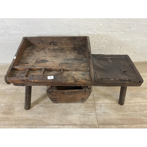 9 - A 19th century primitive pine and leather cobbler's bench - approx. 46cm high x 96cm wide x 50cm dee... 