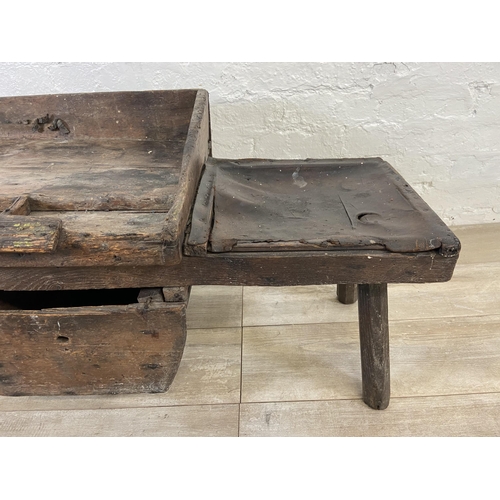 9 - A 19th century primitive pine and leather cobbler's bench - approx. 46cm high x 96cm wide x 50cm dee... 