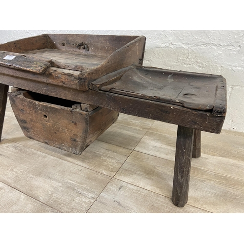 9 - A 19th century primitive pine and leather cobbler's bench - approx. 46cm high x 96cm wide x 50cm dee... 