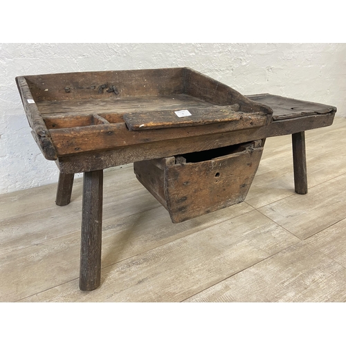 9 - A 19th century primitive pine and leather cobbler's bench - approx. 46cm high x 96cm wide x 50cm dee... 