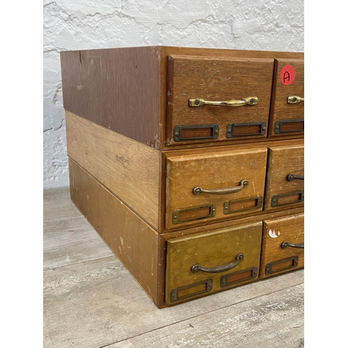 99 - Three sets of mid 20th century mahogany and plywood six drawer index filing cabinets - each approx. ... 