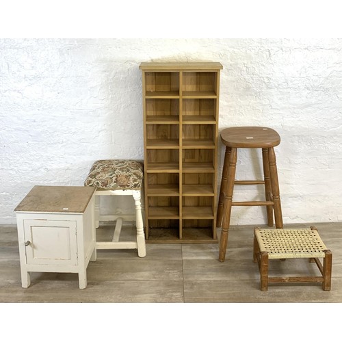 59 - Five pieces of furniture to include pine kitchen bar stool, light oak freestanding CD rack etc.