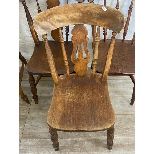 118 - Two sets of three Victorian elm and beech farmhouse dining chairs