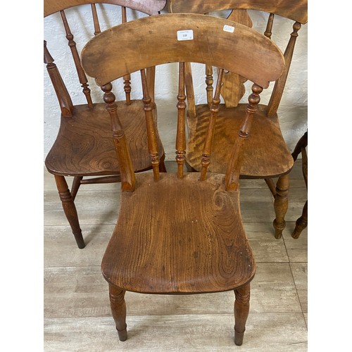 118 - Two sets of three Victorian elm and beech farmhouse dining chairs