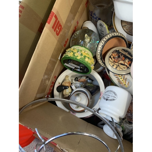 1101 - A box containing Depression glass, metalware, ceramics together with a vintage wall mirror etc.