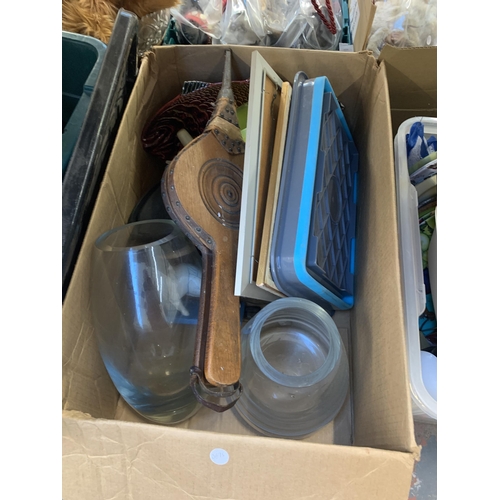 1105 - Two boxes containing Gelart camping stove, kitchenware, pair of early 20th century fire bellows etc.