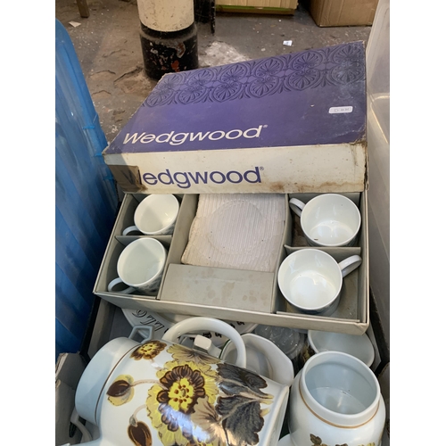 1118 - A box containing Royal Doulton Forest Glen coffee set, Wedgwood Clementine coffee set etc.