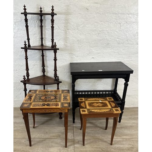 105 - Four pieces of furniture, two Italian Sorrento marquetry inlaid musical side tables - largest approx... 