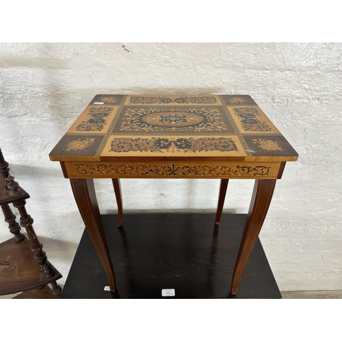 105 - Four pieces of furniture, two Italian Sorrento marquetry inlaid musical side tables - largest approx... 