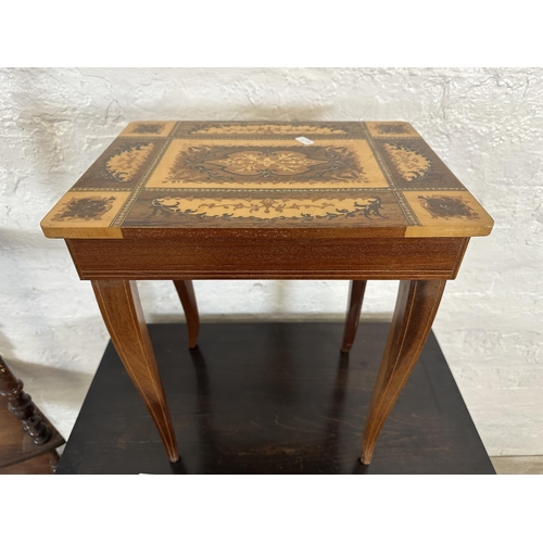 105 - Four pieces of furniture, two Italian Sorrento marquetry inlaid musical side tables - largest approx... 