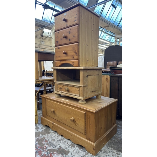 106 - Three pieces of pine furniture, one wardrobe base, one TV stand and one bedside chest of drawers