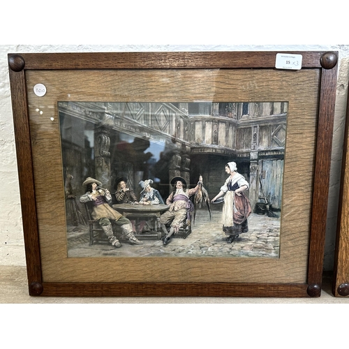 15 - Three items, two oak framed F. M. Bennett prints and one Victorian brass and cast iron hanging trive... 