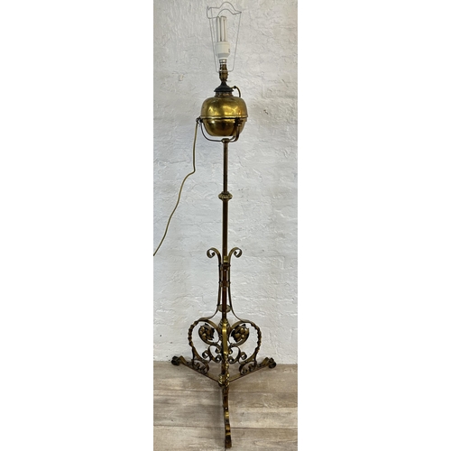 2 - A 19th century brass telescopic tripod pedestal electric converted oil lamp - approx. 161cm high