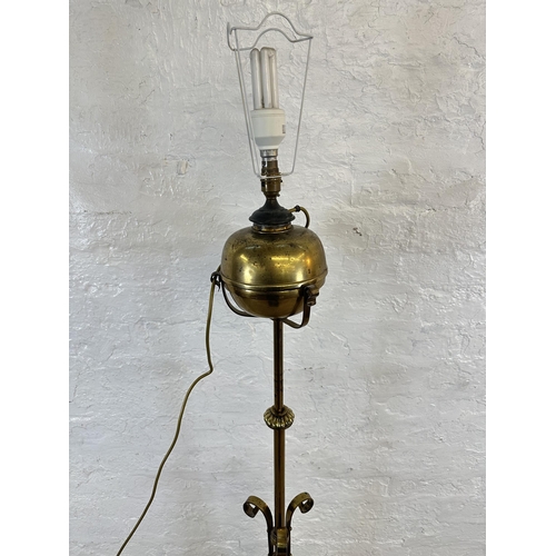 2 - A 19th century brass telescopic tripod pedestal electric converted oil lamp - approx. 161cm high