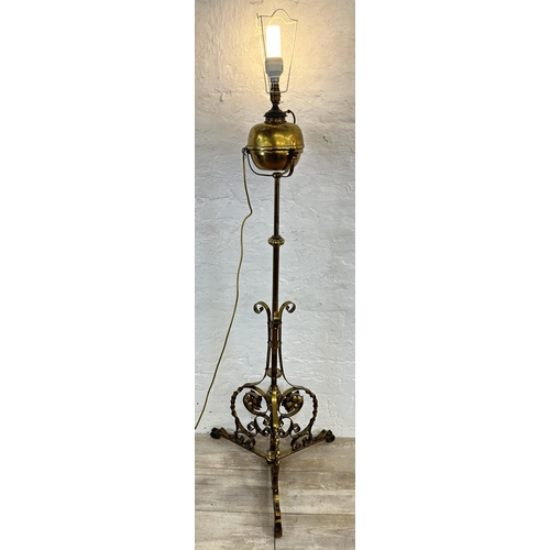 2 - A 19th century brass telescopic tripod pedestal electric converted oil lamp - approx. 161cm high