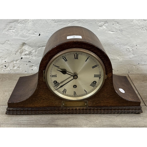 29 - Two mantel clocks, one 1930s/40s oak cased with pendulum - approx. 23cm high and one mid 20th centur... 