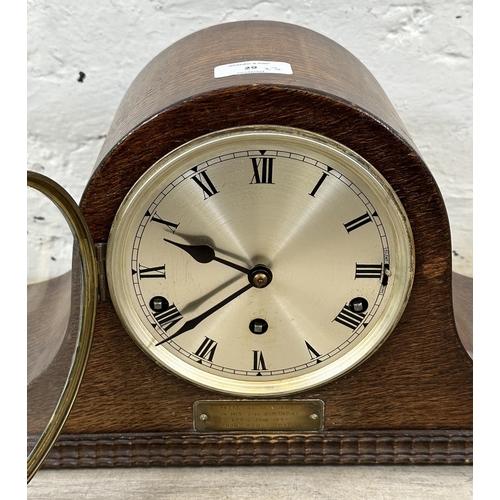 29 - Two mantel clocks, one 1930s/40s oak cased with pendulum - approx. 23cm high and one mid 20th centur... 