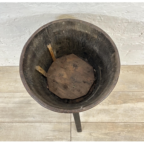 52 - An early 20th century coopered oak and brass planter on stand - approx. 59cm high x 31cm diameter