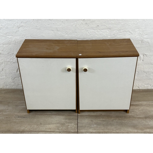 65 - Nine pieces of furniture, two teak effect and white laminate bedside cabinets, one pine bedside ches... 