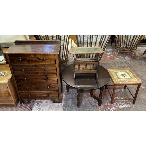 76 - Four pieces of furniture, one mid 20th century teak and ceramic tile top side table, one oak drop le... 