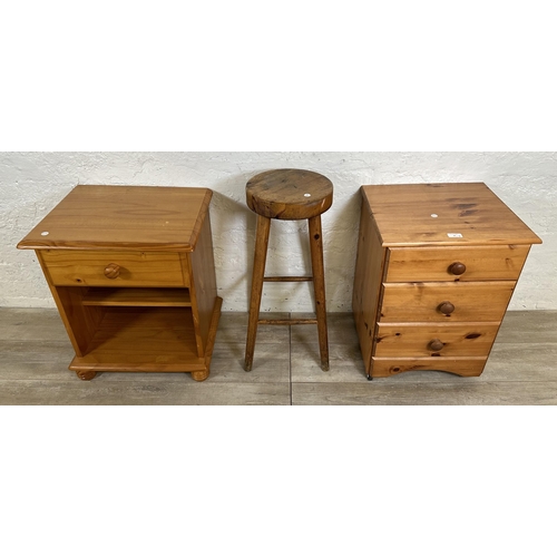 81 - Three pieces of pine furniture, one bar stool, one bedside cabinet and one bedside chest of drawers