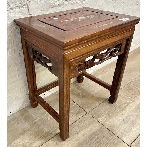 85 - A Chinese mother of pearl inlaid carved hardwood side table - approx. 39cm high x 34cm wide x 25cm d... 