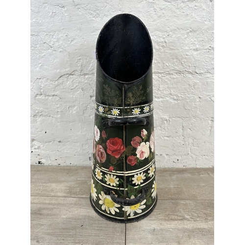 88 - A mid 20th century Bargeware style hand painted floral metal coal scuttle - approx. 60cm high