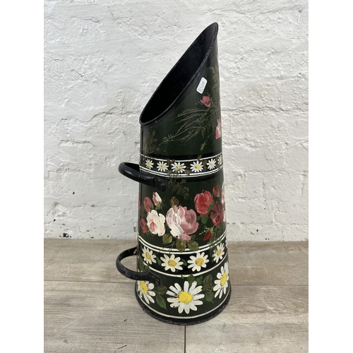 88 - A mid 20th century Bargeware style hand painted floral metal coal scuttle - approx. 60cm high