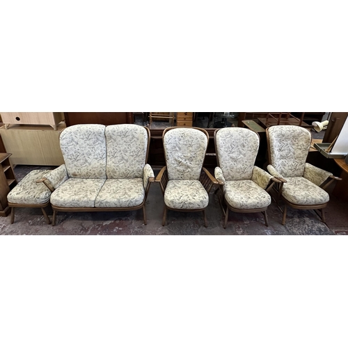 93 - An Ercol Evergreen Golden Dawn finish beech and floral fabric upholstered five piece lounge suite, c... 