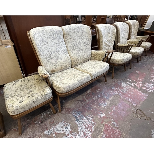 93 - An Ercol Evergreen Golden Dawn finish beech and floral fabric upholstered five piece lounge suite, c... 