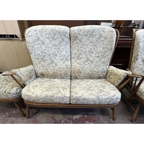 93 - An Ercol Evergreen Golden Dawn finish beech and floral fabric upholstered five piece lounge suite, c... 