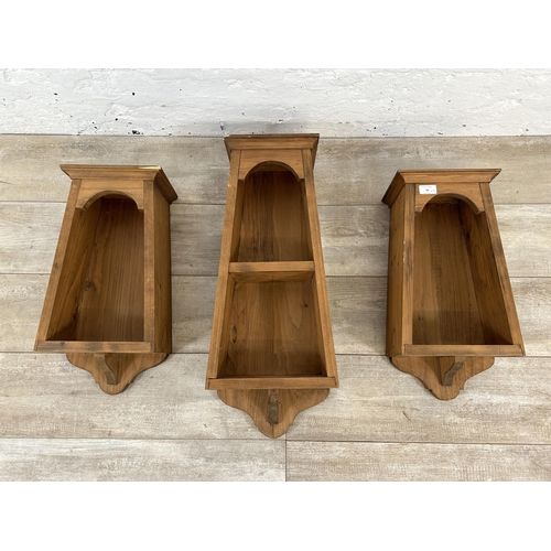 95 - Three Victorian style pine wall hanging shelves - largest approx. 67cm high