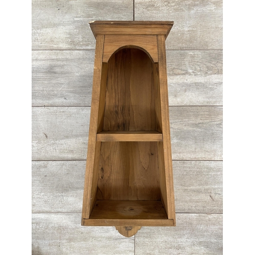 95 - Three Victorian style pine wall hanging shelves - largest approx. 67cm high