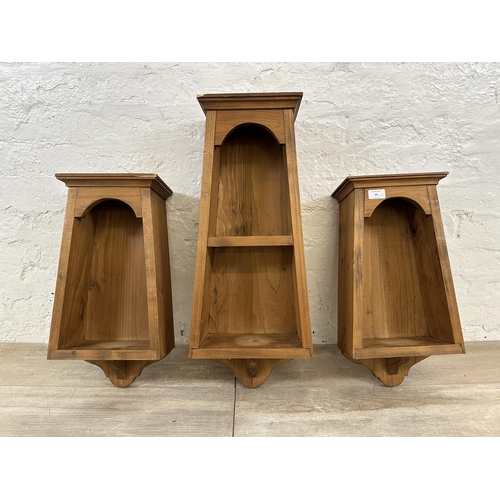 95 - Three Victorian style pine wall hanging shelves - largest approx. 67cm high