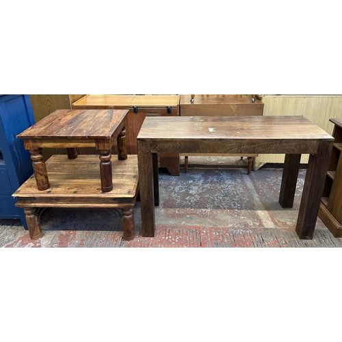 96 - Three modern tables, one mango wood console and two Indian sheesham wood side - largest approx. 77cm... 