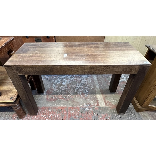 96 - Three modern tables, one mango wood console and two Indian sheesham wood side - largest approx. 77cm... 