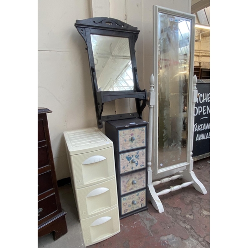 210 - Four items, one white painted pine framed 
bevelled edge cheval mirror, one Edwardian ebonised frame... 