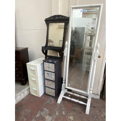 210 - Four items, one white painted pine framed 
bevelled edge cheval mirror, one Edwardian ebonised frame... 