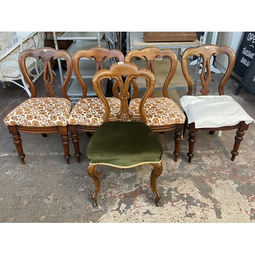 215A - Five Victorian balloon back dining chairs, four mahogany and one oak