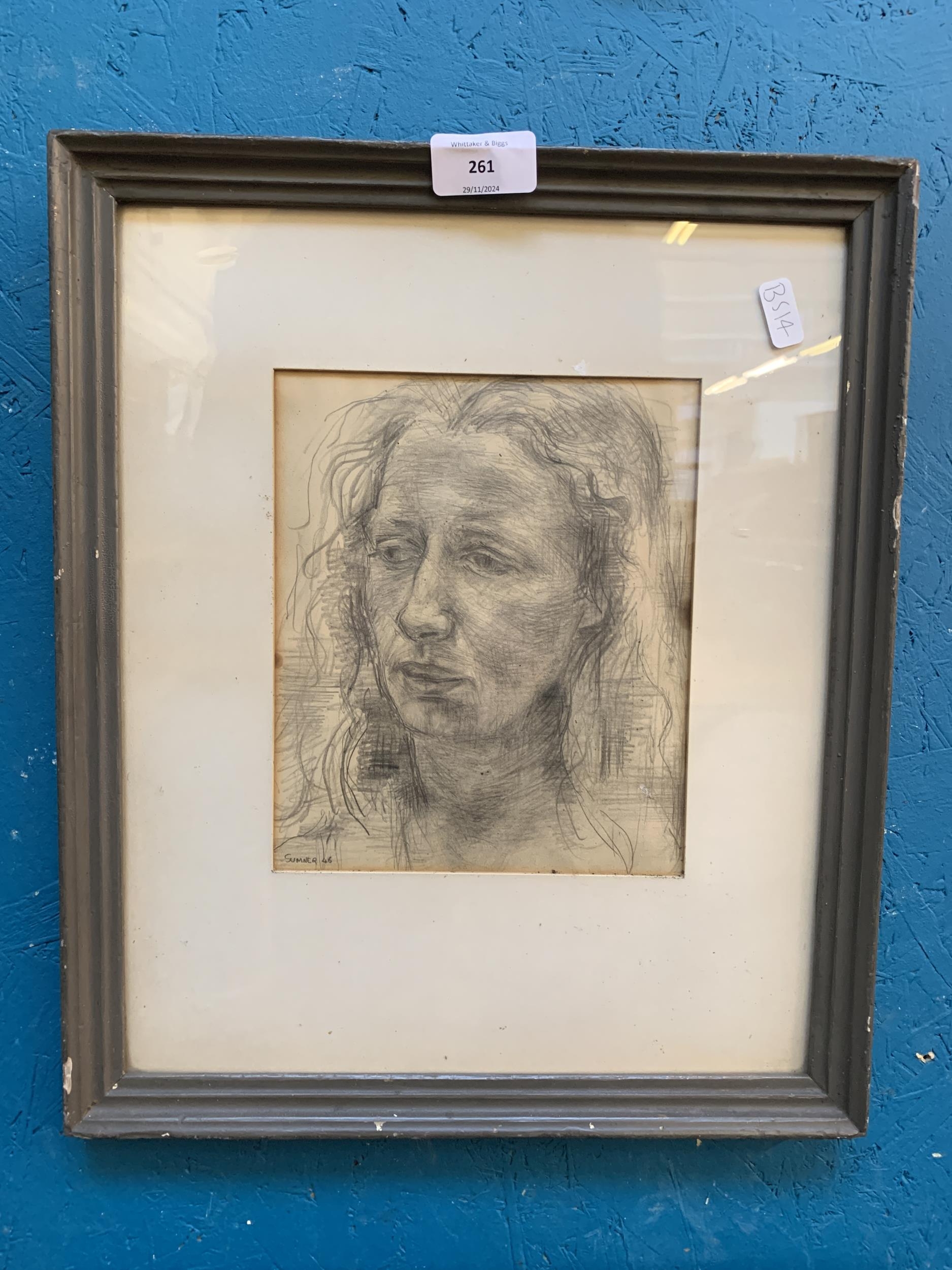 A mid 20th century framed Roger Sumner pencil sketch drawing portrait ...