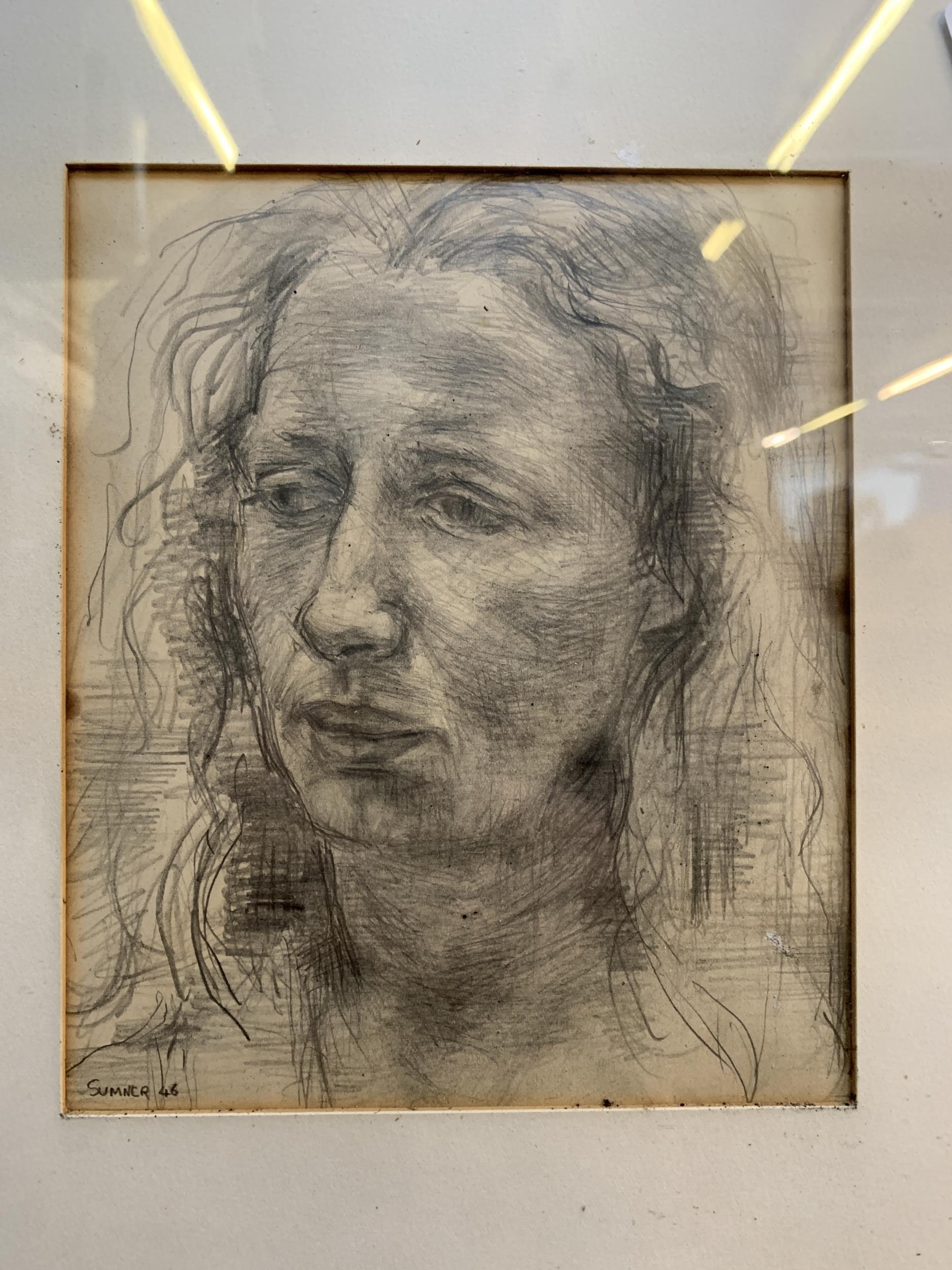 A mid 20th century framed Roger Sumner pencil sketch drawing portrait ...