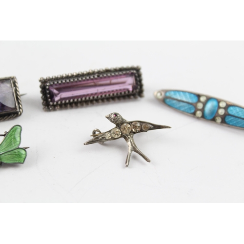 2041 - Five antique and later silver brooches to include Charles Horner, JA&S butterly, Blue John etc. - ap... 