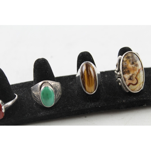 2057 - Six sterling silver gemstone rings to include carnelian, jasper - approx. gross weight 42g