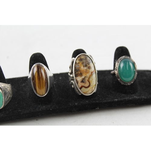 2057 - Six sterling silver gemstone rings to include carnelian, jasper - approx. gross weight 42g