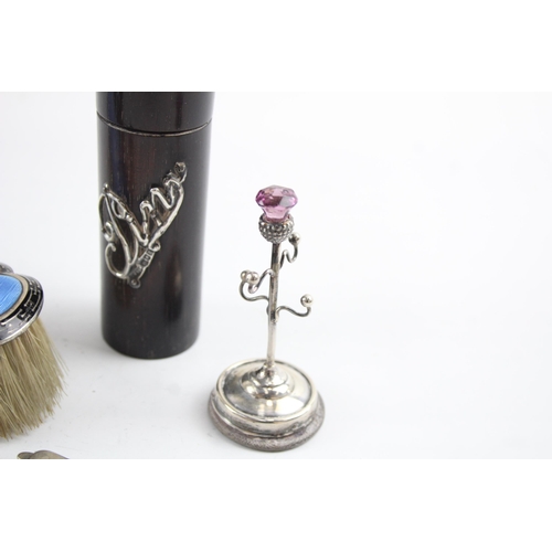 2171 - Seven sterling silver lady's vanity items to include two guilloche enamel hairbrushes, silver pen kn... 