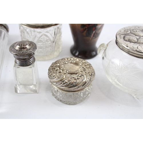 2181 - Six sterling silver topped items to include ceramic vase, salt cellar etc.