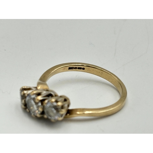 2087 - A hallmarked Birmingham 9ct gold CZ trilogy ring, size P - approx. gross weight 3.5g