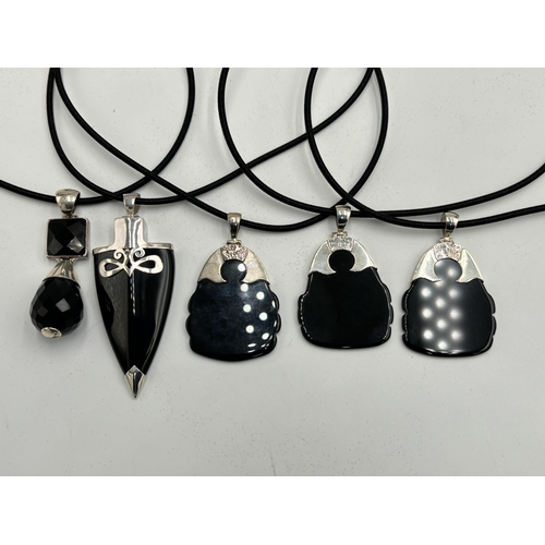 2101F - Five cased .925 silver black onyx pendant necklaces